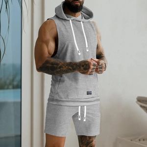 Détails de l'ensemble gris sans manches à capuche avec texture gaufrée pour hommes