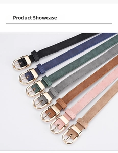 Selection of eight colorful slim women's belts with elegant golden D-ring buckles