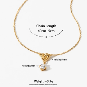 Gold stainless steel heart necklace with cubic zirconia pendant and size measurements