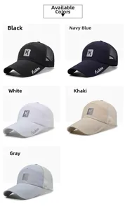 Detailed view of mesh baseball caps in black, navy blue, white, khaki, and gray colors