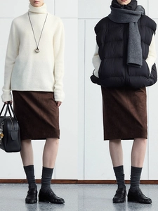 Minimalist brown suede straight slit midi skirt with knitwear and puffer vest set