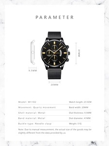 Detailed specification chart for Geneva quartz watch showing dial size and strap length