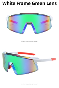 Detail view of cycling sunglasses with white frame and colorful gradient green lens