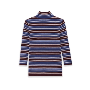 Women's turtleneck knit sweater featuring multi-color horizontal stripes on white background