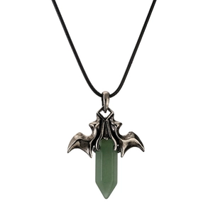 Vintage bat necklace with hexagonal green crystal pillar on simple black rope cord