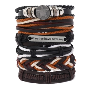 DIY leather multilayer punk bracelet set with braided ropes and motivational metal plate