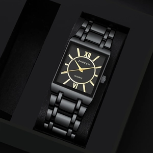 Reloj de negocios cuadrado de cuarzo para hombre con números romanos dorados y correa de metal