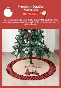 Detail of buffalo plaid Christmas tree skirt with vintage red truck embroidery motif