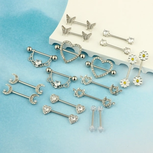 Detailed set of silver stainless steel nipple rings featuring heart and moon designs