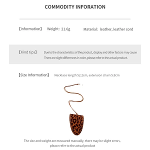 Detail view of leopard print U-shape faux leather necklace showing dimensions and weight