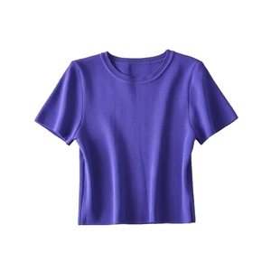 Detail showing the fine ribbed texture and crew neck of this purple knit short sleeve top