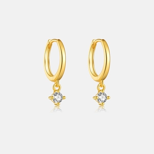 Detailed close-up of S925 silver hoop earrings with small round diamond pendant charms