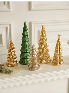 Detailed view of 5-piece Christmas tree table lamps with glitter stars and metallic finish