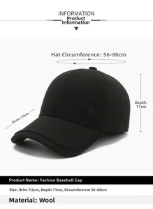 Detailed size chart for men's wool baseball cap with peak and depth specifications