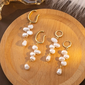 Alloy Baroque Irregular Artificial Pearl Drop Earrings French Retro Long Tassel Elegant Ear Buckle Clips Women High End Jewelry