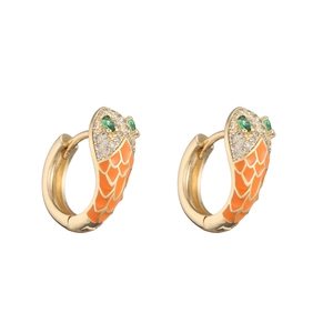 Detail of fish hoop earrings with orange enamel scales and micro-pave cubic zirconia
