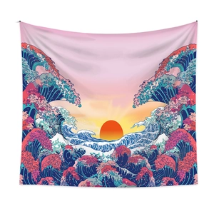 Dettaglio del arazzo di onde giapponesi con stampa Ukiyo-e e motivo del tramonto