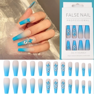 Blue and white gradient matte butterfly ballerina fake nails set with 24 pieces
