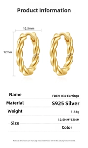 Close-up of S925 sterling silver gold twist hoop earrings showing 12.5mm size details