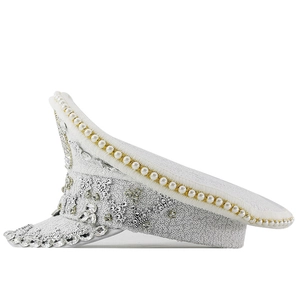 White luxury captain hat with sequins, pearls, and silver crown rhinestones for parties
