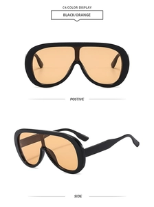 Detailed views of black oversized sunglasses with vibrant orange lenses and plastic frame