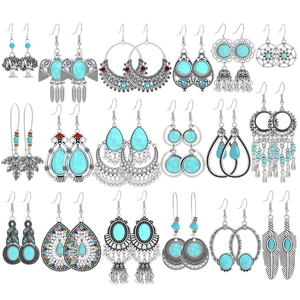 Bohemian Retro Waterdrop Drop Earrings For Women Antique Silver Alloy Artificial Turquoise Tassel Ethnic Vintage Earrings