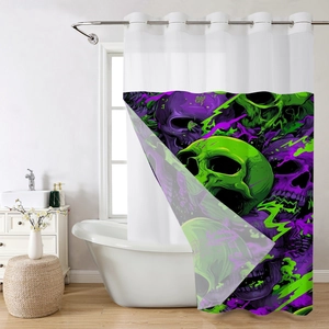 Detail of waterproof bathroom curtain with purple and green skull graffiti print
