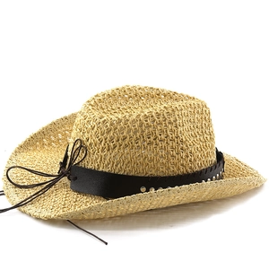 Classic straw cowboy hat with wide brim, leather band and metal studs for outdoor sun protection