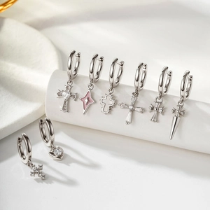 Copper Zircon Cross Heart Star Pendant Hoop Earrings For Women Silver Plated Cool Y2K Punk Style Jewelry