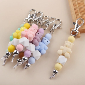 Colorful silicone bear keychain with macaron beads and zinc alloy lobster clasp for bags