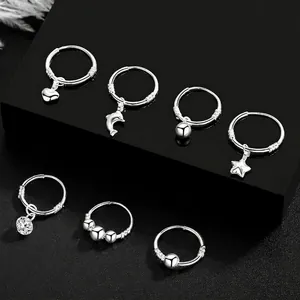 S999 Sterling Silver Hoop Earrings For Women Minimalist Heart Star Dolphin Zircon Charm Earrings Fine Dainty Jewelry Gift