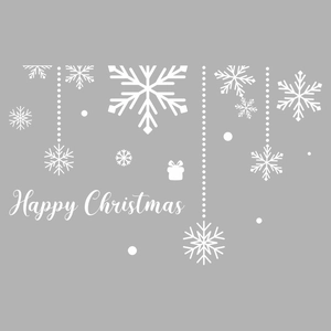 White Christmas snowflake static window stickers featuring Happy Christmas typography
