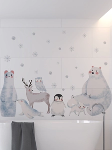 Polar animals wall decals on white tile wall above bathtub for modern bathroom decor