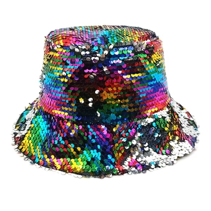 Colorful Sequin Bucket Hat Rainbow Reversible Sun Protection Party Festival Retro Fashion Accessories For Women