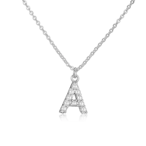 Detail of silver letter A pendant necklace with elegant inlaid white pearls on a slim chain