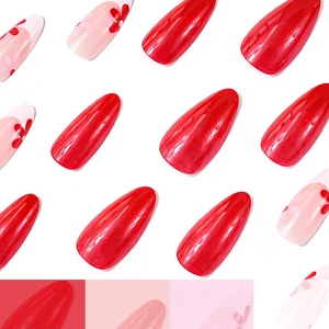 Medium almond press-on nails with sweet pink floral french design and glossy red finish