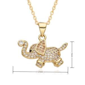 Detailed view of a gold elephant pendant with dimensions 21mm by 15mm and zircon inlay