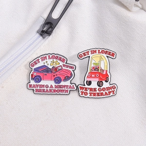 Pink and red cartoon car enamel pins set with humorous text on white canvas background