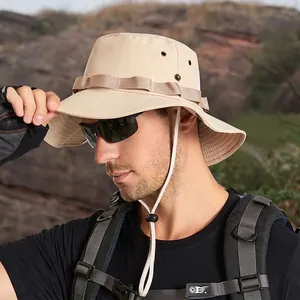 Outdoor beige wide brim sun hat for men with adjustable wind rope for hiking