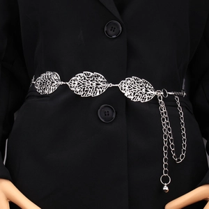 Elegant silver metal waist chain featuring hollow leaf design for women dresses