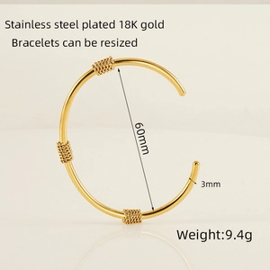 18K gold plated stainless steel open bangle with three-dot chain design, 60mm diameter