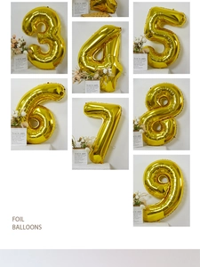 Detailed close-up of golden number foil balloons from 3 to 9 for party decorations