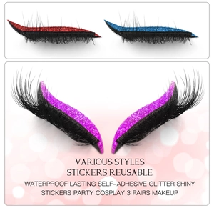 Detailed view of 3 pairs of reusable glitter eyeliner stickers with lashes in red blue and pink