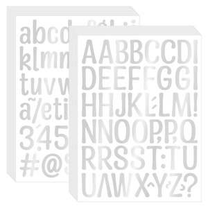 Macro view of multi-layered silver metallic 1-inch letter and number sticker sets