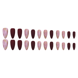 Matte wine red and lilac almond press-on nails with golden glitter wave patterns