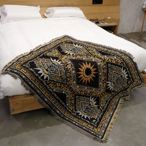 Bohemian sun and moon knit throw blanket with fringe for camping or sofa decor