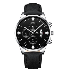 Macro shot of SHAARMS men's watch with black dial, silver case and leather strap
