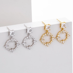 French style S925 sterling silver stud earrings with square zircon and halo design