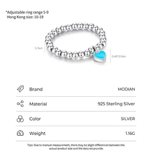 Bague perlée ouverte en argent S925 avec breloque cœur en émail bleu clair