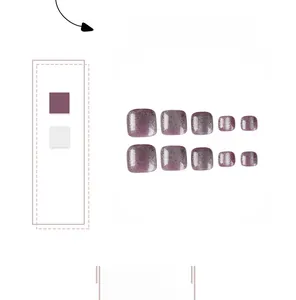 Detailed view of 10 purple cat eye press-on toenails with shimmering glitter finish